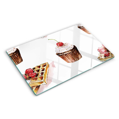 Planche à découper verre Gaufres et cupcakes aux cerises