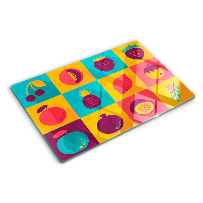 Planche à découper en verre Motif de fruits dans des carrés colorés