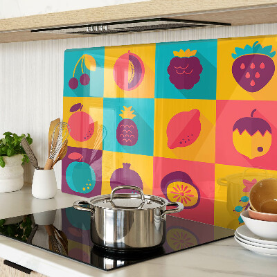 Planche à découper en verre Motif de fruits dans des carrés colorés