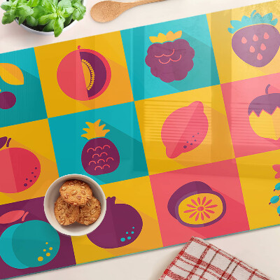 Planche à découper en verre Motif de fruits dans des carrés colorés
