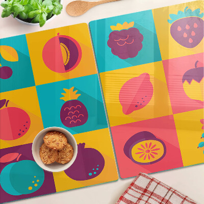 Planche à découper en verre Motif de fruits dans des carrés colorés