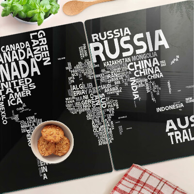 Planche à découper verre Carte du monde avec les noms des pays