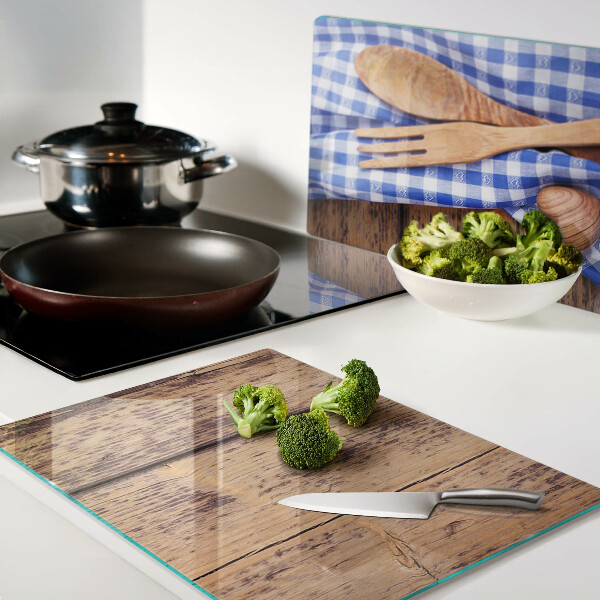 Planche à découper en verre Thème de cuisine avec accessoires en bois