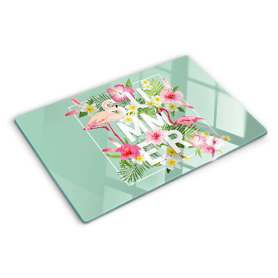 Planche à découper verre Fleurs d'été et flamants roses