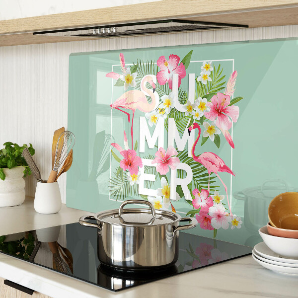 Planche à découper verre Fleurs d'été et flamants roses