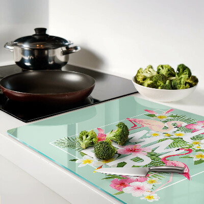 Planche à découper verre Fleurs d'été et flamants roses