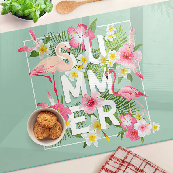 Planche à découper verre Fleurs d'été et flamants roses