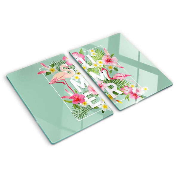 Planche à découper verre Fleurs d'été et flamants roses