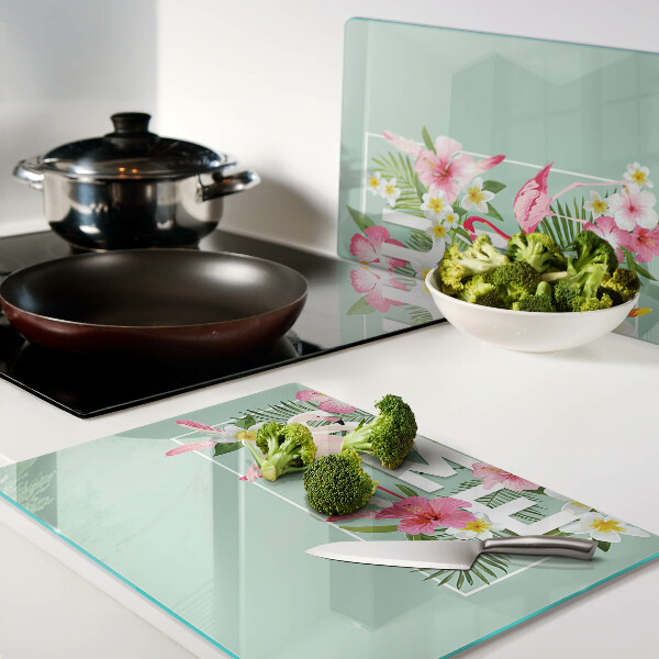 Planche à découper verre Fleurs d'été et flamants roses