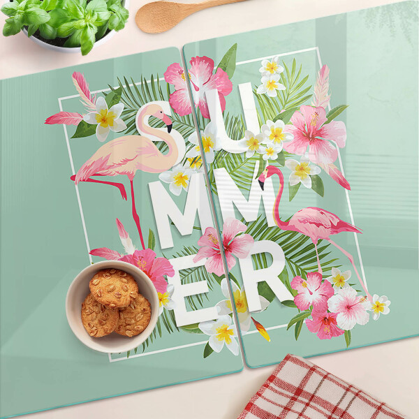Planche à découper verre Fleurs d'été et flamants roses