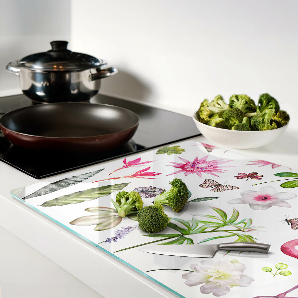 Planche à découper verre Collection de fleurs et d'oiseaux tropicaux