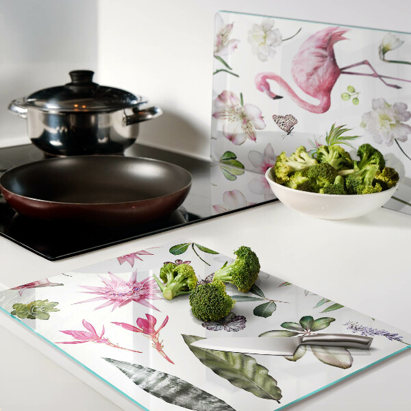 Planche à découper verre Collection de fleurs et d'oiseaux tropicaux