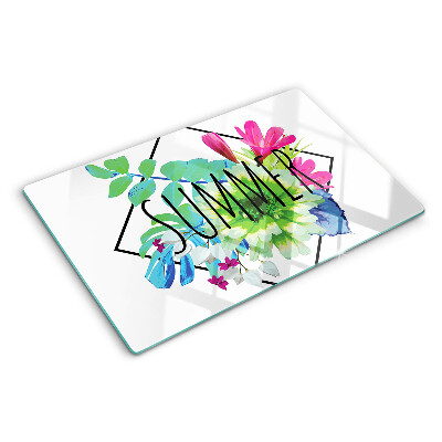 Planche à découper en verre Fleurs d'été avec le mot « ÉTÉ »