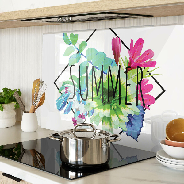 Planche à découper en verre Fleurs d'été avec le mot « ÉTÉ »