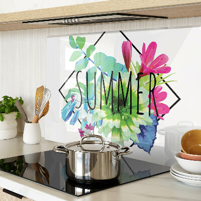 Planche à découper en verre Fleurs d'été avec le mot « ÉTÉ »