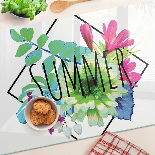 Planche à découper en verre Fleurs d'été avec le mot « ÉTÉ »