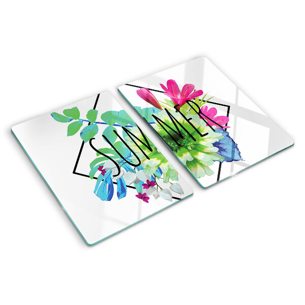 Planche à découper en verre Fleurs d'été avec le mot « ÉTÉ »