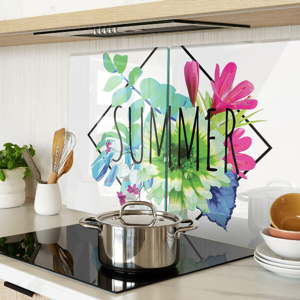 Planche à découper en verre Fleurs d'été avec le mot « ÉTÉ »
