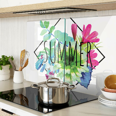 Planche à découper en verre Fleurs d'été avec le mot « ÉTÉ »
