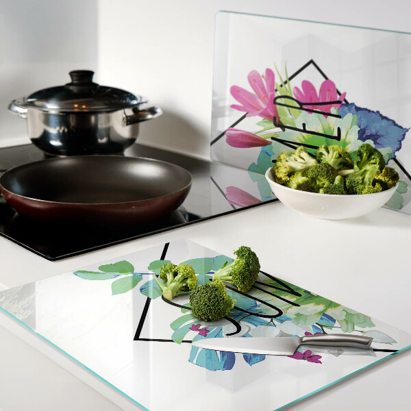 Planche à découper en verre Fleurs d'été avec le mot « ÉTÉ »