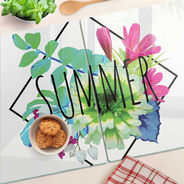 Planche à découper en verre Fleurs d'été avec le mot « ÉTÉ »