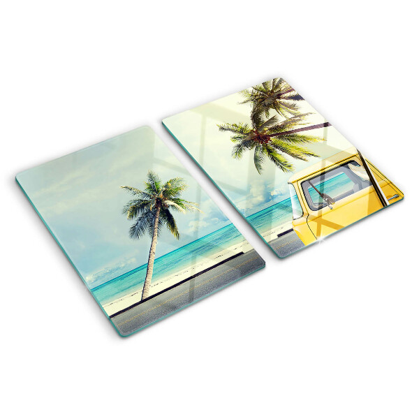 Planche à découper verre Plage avec des palmiers et une voiture