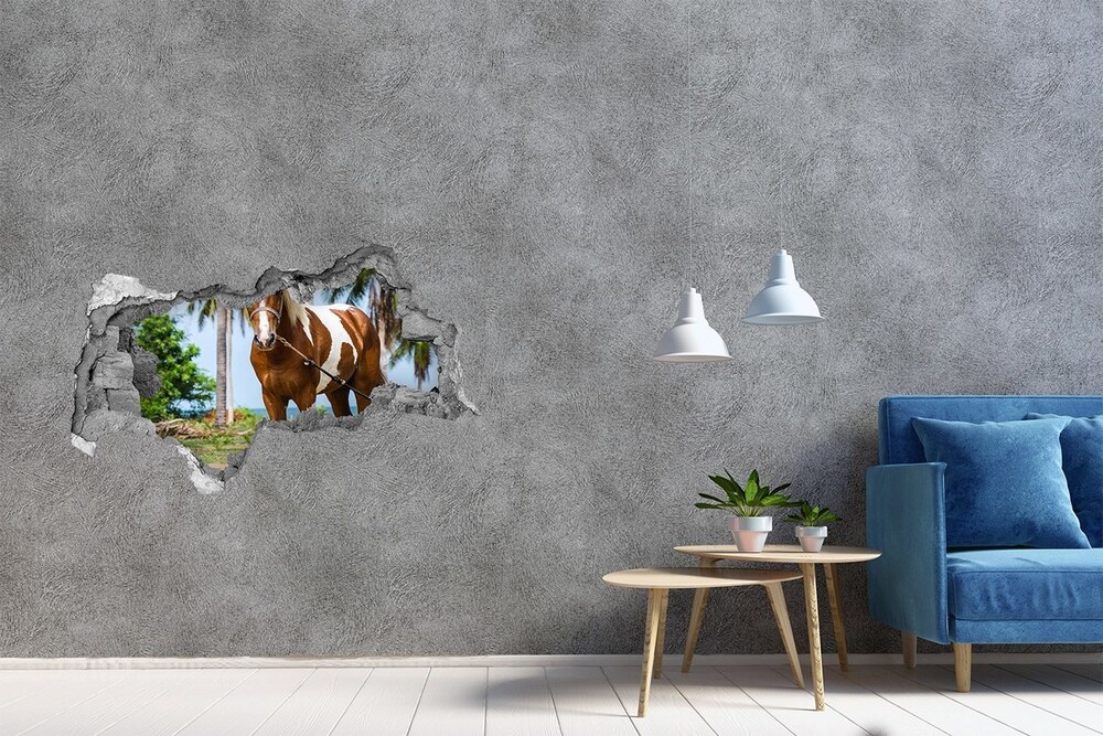 Sticker mural effet trou 3d Cheval latin béton