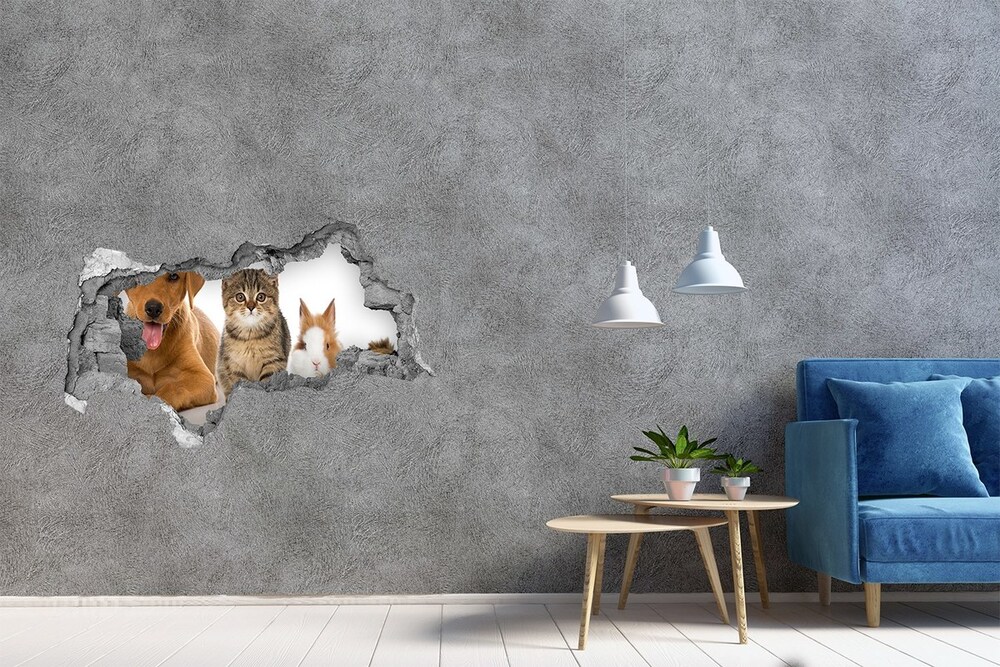 Sticker mural effet trou 3d Chien et chat béton