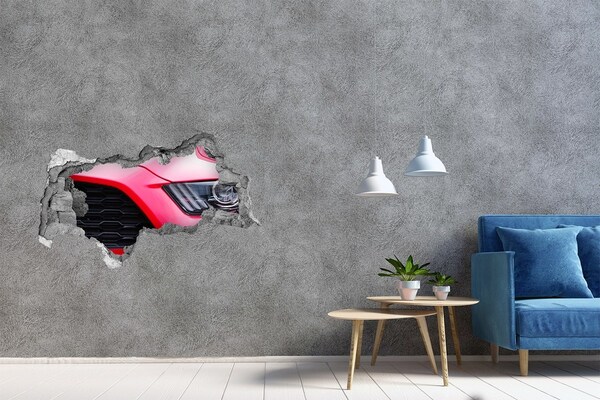 Autocollant mural trou Voiture de sport rouge à travers un trou dans le mur
