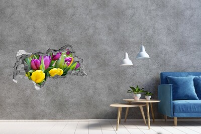 Sticker mural effet trou 3d Tulipes colorées béton