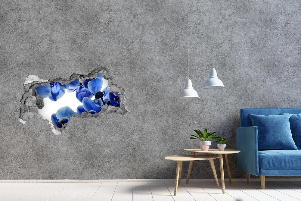 Sticker mural effet trou 3d Orchidée bleue béton