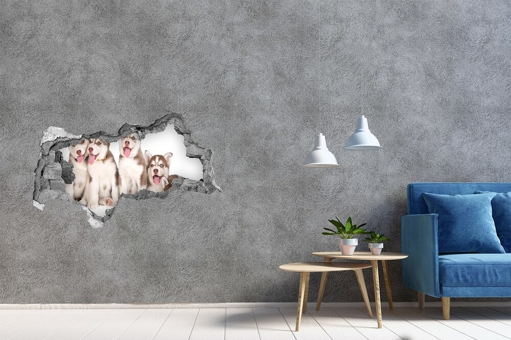 Sticker trou dans le mur Chiots Husky béton