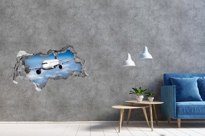 Sticker mural effet trou 3d Avion dans les airs béton