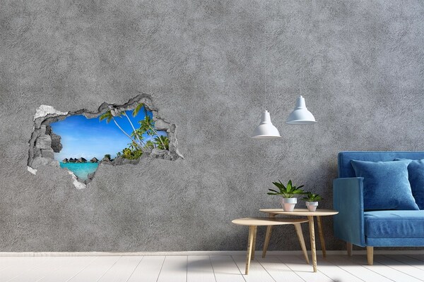 Sticker mural effet trou 3d Plage des Caraïbes à travers un trou dans le mur