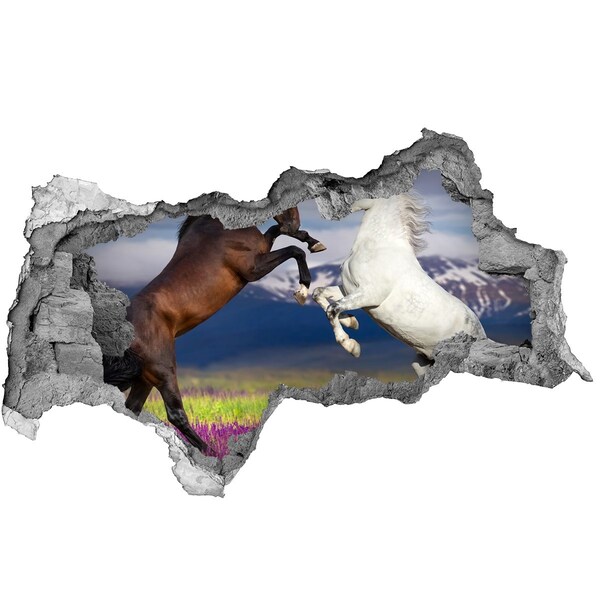 Sticker mural effet trou 3d Des chevaux sautant par-dessus le mur