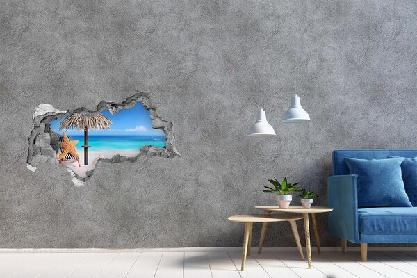 Sticker mural effet trou 3d Plage des Caraïbes avec des coquillages