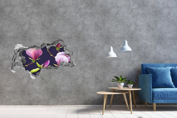 Autocollant à effet 3d trou Des fleurs de magnolia apparaissent à travers un trou dans le mur