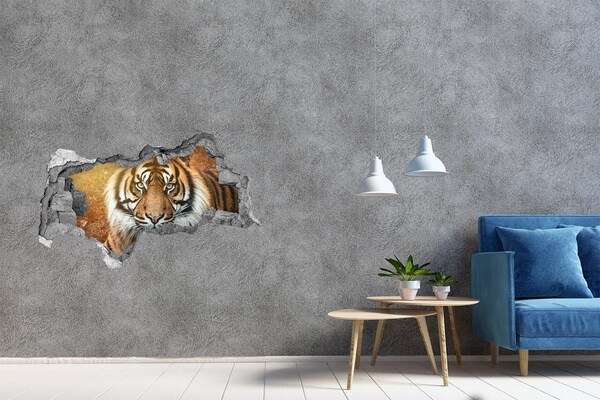 Sticker mural effet trou 3d Tigre dans un trou dans le mur