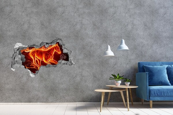 Autocollant mural trou Cheval en feu dans un trou dans le mur