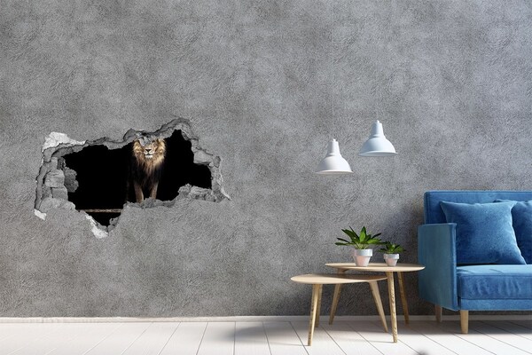 Sticker mural effet trou 3d Lion dans un trou dans le mur