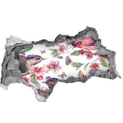 Sticker trou dans le mur Un paradis floral peuplé d'oiseaux et de papillons