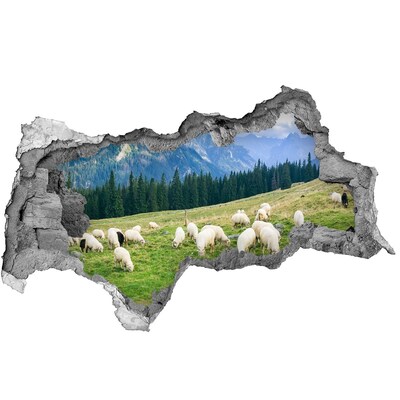 Sticker mural effet trou 3d Paysage de montagne avec des moutons