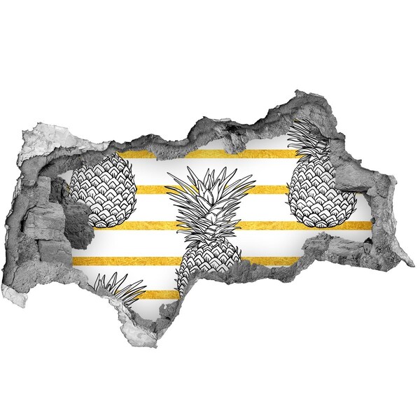 Sticker trou dans le mur Ananas sur fond de rayures dorées