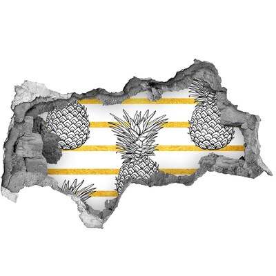 Sticker trou dans le mur Ananas sur fond de rayures dorées