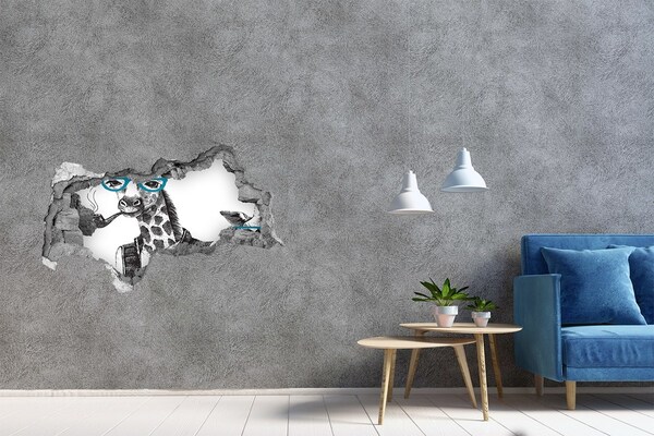 Sticker mural effet trou 3d Girafe avec lunettes et pipe