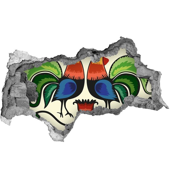 Sticker mural effet trou 3d Motif folklorique de coqs béton