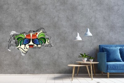Sticker mural effet trou 3d Motif folklorique de coqs béton