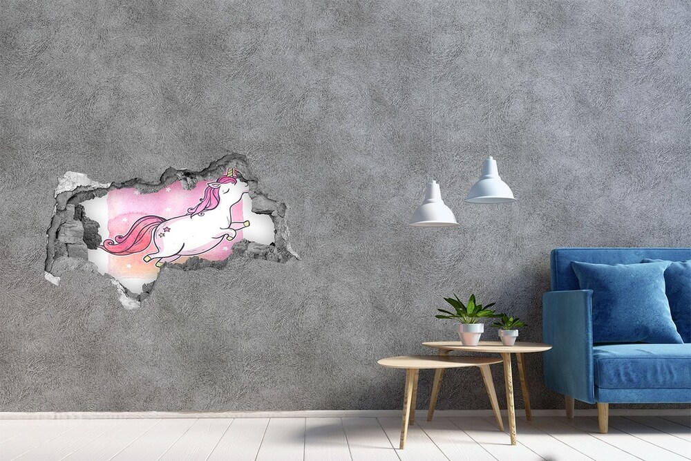 Sticker mural effet trou 3d Licorne rose béton