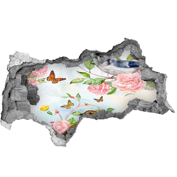 Autocollant à effet 3d trou Oiseaux et roses béton