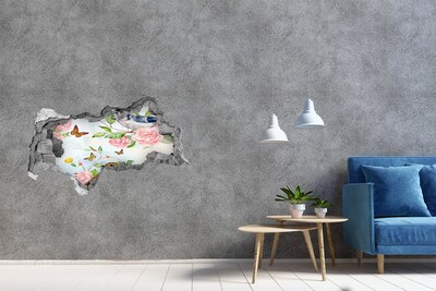 Autocollant à effet 3d trou Oiseaux et roses béton